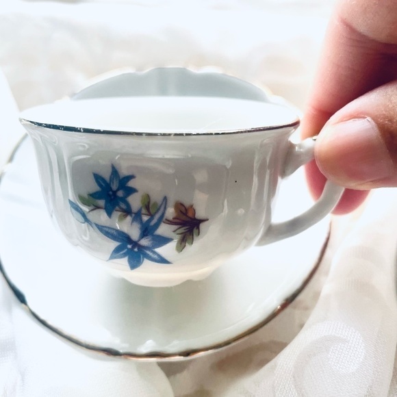 Vintage Small Teacup and Saucer Set | White European Porcelain with Gold Trim - Picture 5 of 15